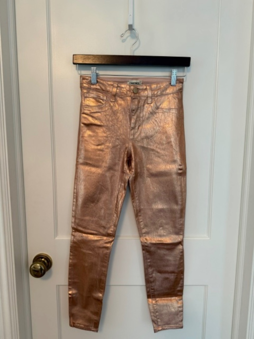 L'AGENCE "Margot" High-Rise Coated Metallic Rose Gold Skinny Jeans